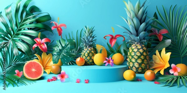 Fototapeta Unique and diverse product display podium, adorned with bright and vibrant tropical colors. Generative AI.