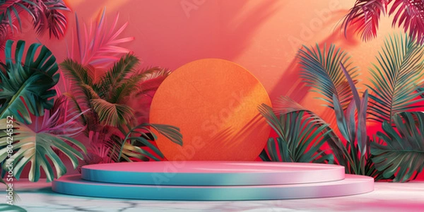 Fototapeta Unique and diverse product display podium, adorned with bright and vibrant tropical colors. Generative AI.