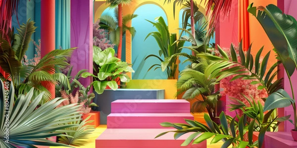 Fototapeta Unique and diverse product display podium, adorned with bright and vibrant tropical colors. Generative AI.