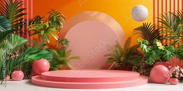 Fototapeta Unique and diverse product display podium, adorned with bright and vibrant tropical colors. Generative AI.