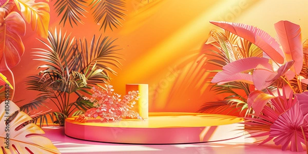 Fototapeta Unique and diverse product display podium, adorned with bright and vibrant tropical colors. Generative AI.