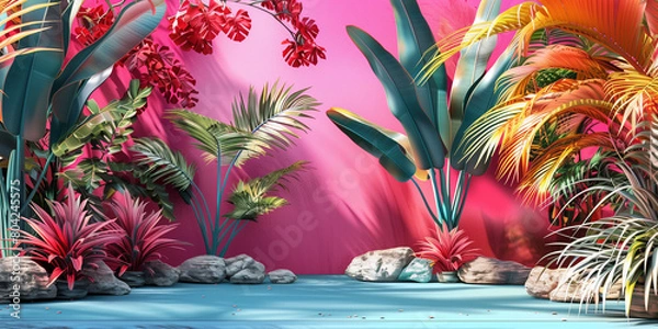 Fototapeta Unique and diverse product display podium, adorned with bright and vibrant tropical colors. Generative AI.