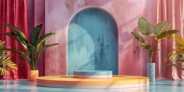 Fototapeta Unique and diverse product display podium, adorned with bright and vibrant tropical colors. Generative AI.