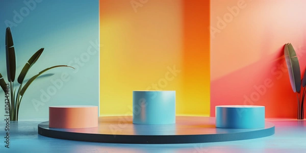Fototapeta Unique and diverse product display podium, adorned with bright and vibrant tropical colors. Generative AI.