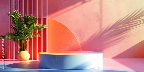 Fototapeta Unique and diverse product display podium, adorned with bright and vibrant tropical colors. Generative AI.