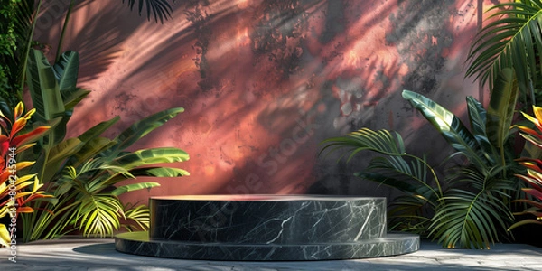 Fototapeta Unique and diverse product display podium, adorned with bright and vibrant tropical colors. Generative AI.