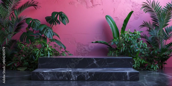 Fototapeta Unique and diverse product display podium, adorned with bright and vibrant tropical colors. Generative AI.