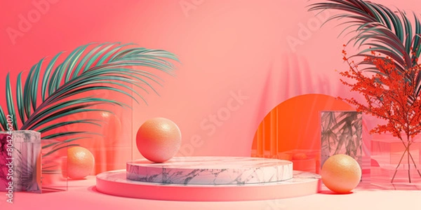 Fototapeta Unique and diverse product display podium, adorned with bright and vibrant tropical colors. Generative AI.