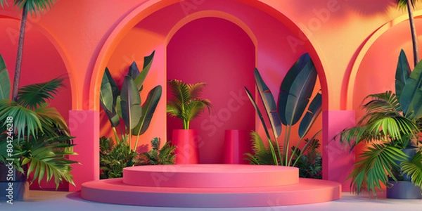 Fototapeta Unique and diverse product display podium, adorned with bright and vibrant tropical colors. Generative AI.