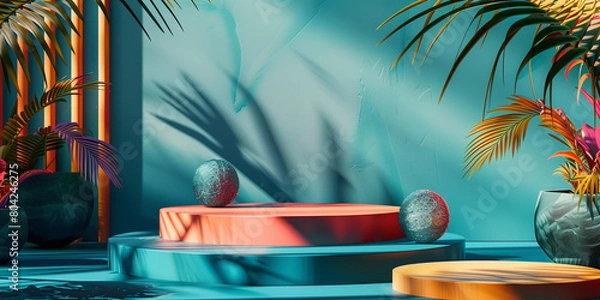 Fototapeta Unique and diverse product display podium, adorned with bright and vibrant tropical colors. Generative AI.