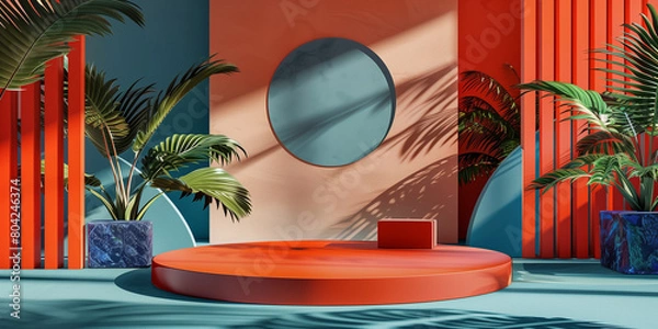 Fototapeta Unique and diverse product display podium, adorned with bright and vibrant tropical colors. Generative AI.