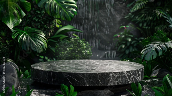 Fototapeta An elegant black stone product display podium, with green tropical leaves in the background. Generative AI.
