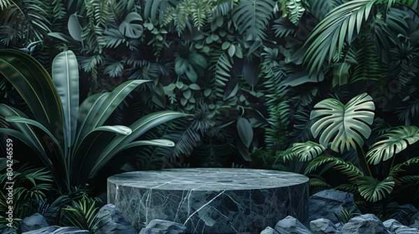 Fototapeta An elegant black stone product display podium, with green tropical leaves in the background. Generative AI.