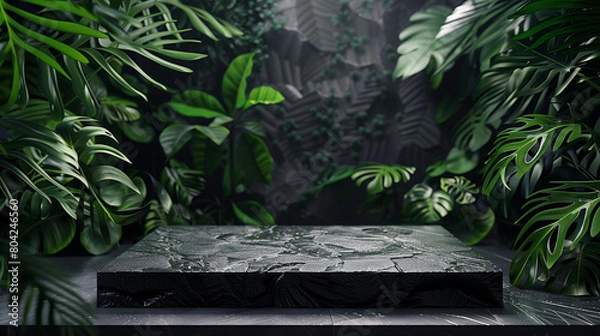 Fototapeta An elegant black stone product display podium, with green tropical leaves in the background. Generative AI.