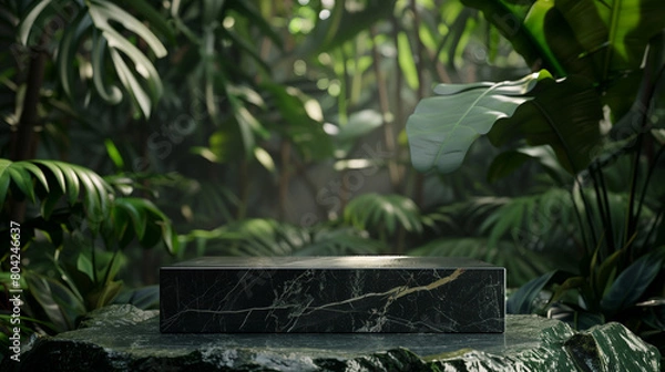 Fototapeta An elegant black stone product display podium, with green tropical leaves in the background. Generative AI.
