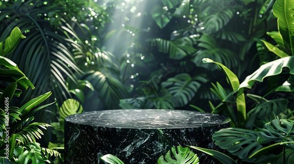 Fototapeta An elegant black stone product display podium, with green tropical leaves in the background. Generative AI.