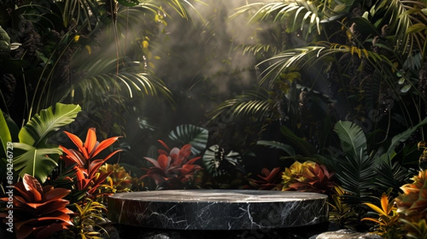 Fototapeta An elegant black stone product display podium, with green tropical leaves in the background. Generative AI.