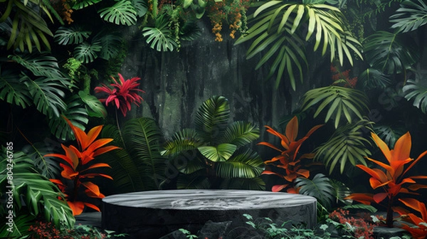 Fototapeta An elegant black stone product display podium, with green tropical leaves in the background. Generative AI.