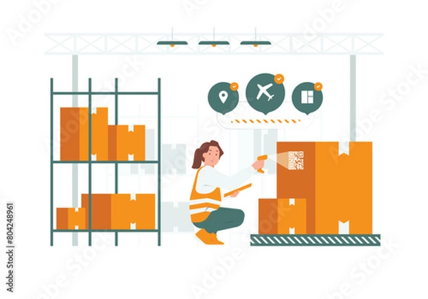 Obraz Female employee work sorting at retail warehouse logistics transportation product distribution center concept illustration