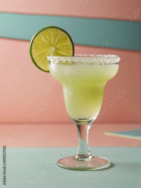 Fototapeta Glass full of sparkling margarita with lime on the table.	