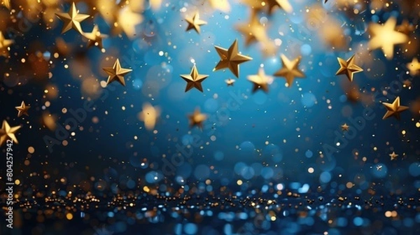 Fototapeta Abstract blue background with golden stars and confetti, copy space. 3d illustration