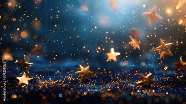 Fototapeta Abstract blue background with golden stars and confetti, copy space. 3d illustration