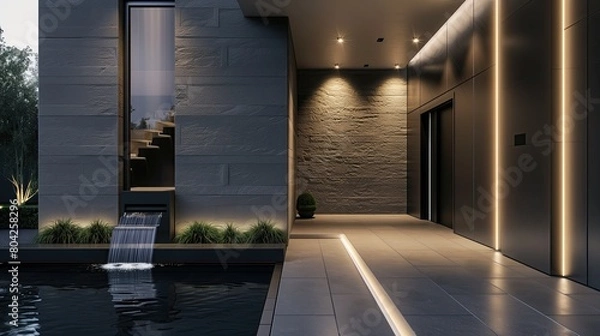 Fototapeta A sleek modern home entrance with a water feature and recessed lighting