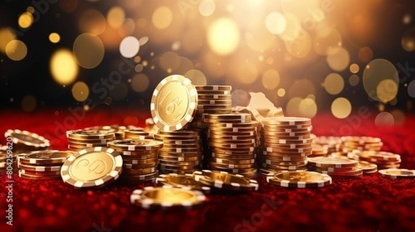 Obraz Realistic casino background. Flying chips, gold coins and dice.