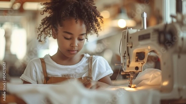 Fototapeta 8 years old child studying work with sewing machine. Little girl carefully working with modern sewing machine. Hand made clothes concept. Hobby for children. Girl practicing to sew