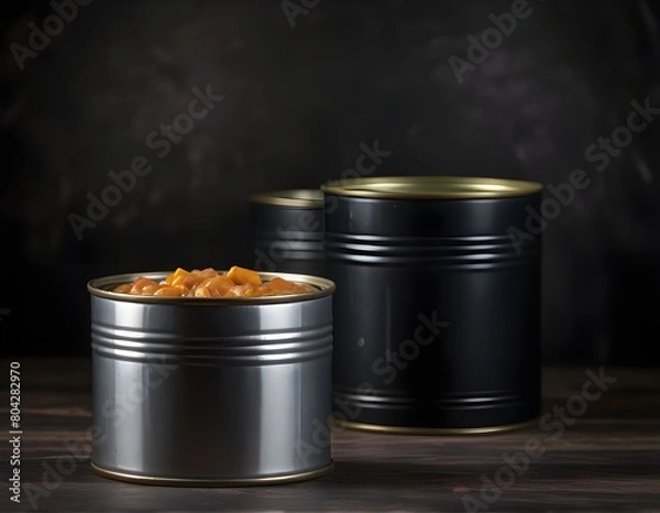 Fototapeta Closed tin can with canned food. On black rustic background
