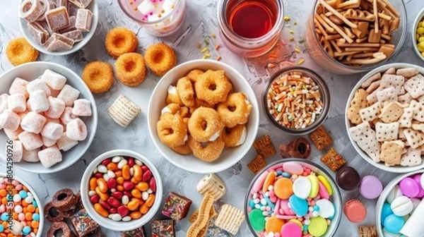 Fototapeta Colorful array of sugary snacks and candies, perfect for sweet cravings and parties