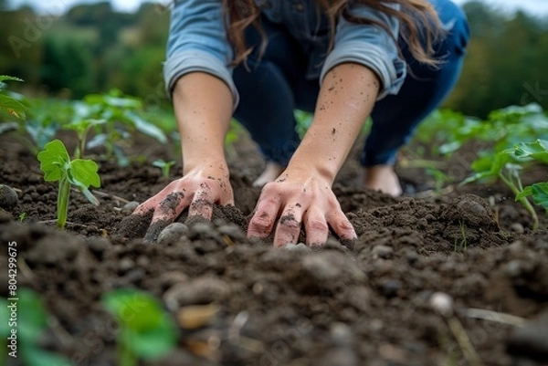 Fototapeta Hands covered in soil represent growth and nurturing as they plant seedlings in the garden, emphasizing the connection to the earth