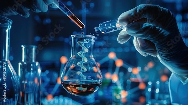Fototapeta Science and medicine Scientists place the sample in a glass tube. Experiment with liquid chemicals in the laboratory at the digital DNA structure