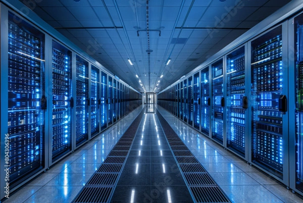 Fototapeta Network servers standing in a row inside a data center.Computer server room.