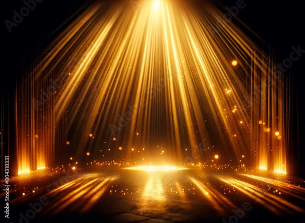 Obraz Golden beams of light with sparkling particles on a dark background, evoking a sense of glamour and celebration. Generative AI