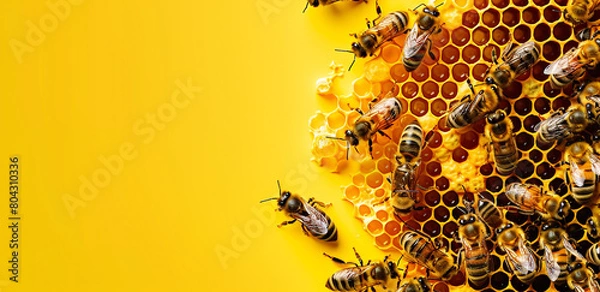 Fototapeta Bees in honeycomb closeup, queen bee among the bees on yellow background with text copy space