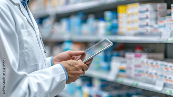 Fototapeta Close-up of a pharmacist's hands using a tablet to manage inventory in a pharmacy full of various medications.