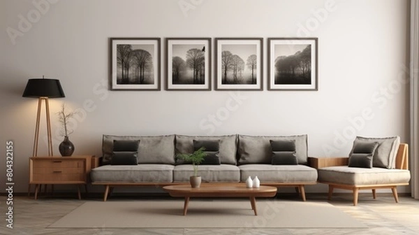 Fototapeta Modern Living Room With Couch, Table, and Wall Art