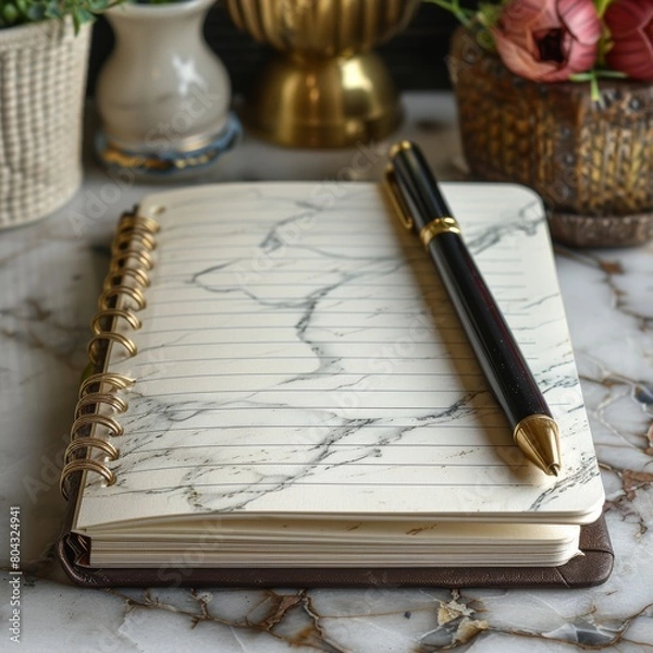 Fototapeta Black and gold pen on an open spiral notebook with a marble background.