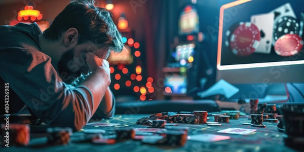 Fototapeta A man with his head in his hands at a poker table, surrounded by chips and cards, depicting the despair of gambling loss in a casino setting.
