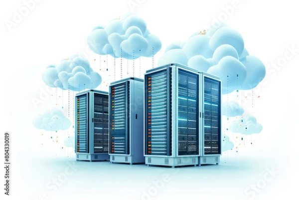 Obraz Illustrative image of computer servers on clouds representing cloud computing.Cloud Network Solution digital background. Cyber Security and Cloud Technology Concept.