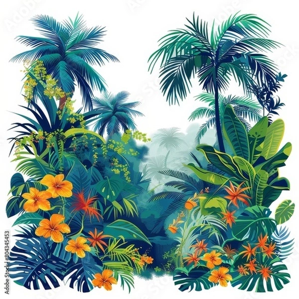 Fototapeta A lush tropical jungle with palm trees and flowers
