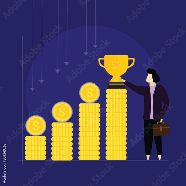 Fototapeta Businessman standing with successful growth chart after corona effect, business growth after recession, Businessman standing on coins that growing, The Way Forward, Crisis Management, Teamwork concept