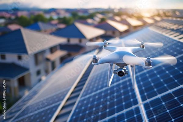 Obraz 屋根のソーラーパネルを点検するドローン