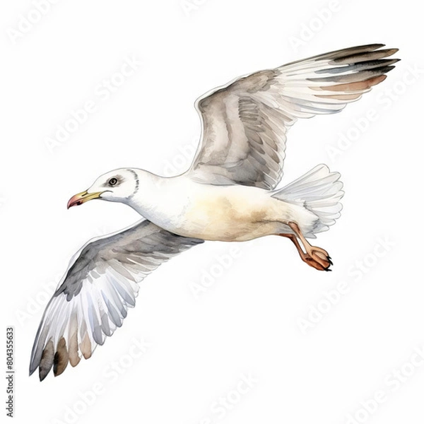Fototapeta A watercolor painting of a seagull in flight. The seagull is facing the left of the viewer. The painting is realistic and captures the beauty of the seagull's flight.