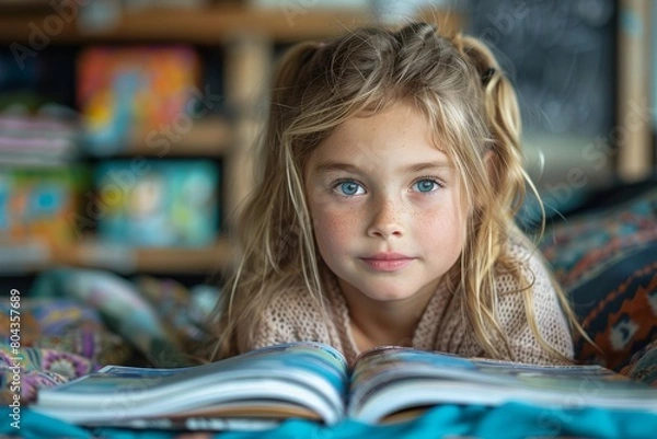 Fototapeta A young girl with striking blue eyes focusing intently on a book, evoking concepts of imagination and learning