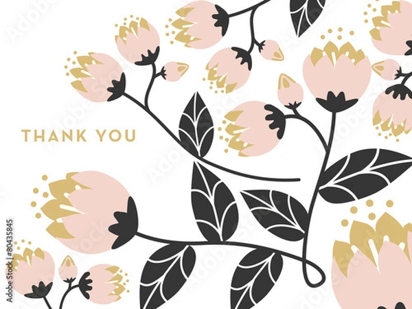 Obraz Thank you note with pink flowers on white background.