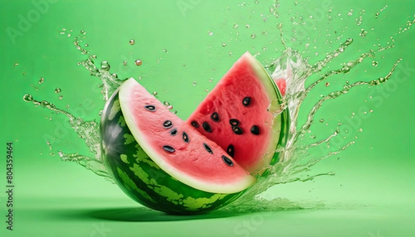 Fototapeta Fresh Watermelon and Melon Slices in water splash on studiio background