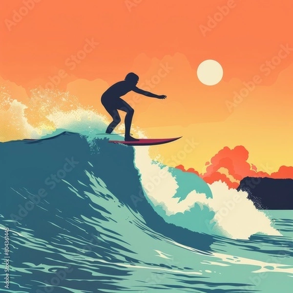 Fototapeta A surfer rides a wave with the sun setting in the background.