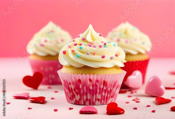 Fototapeta A close-up of a vanilla cupcake with heart-shaped sprinkles on a pink background